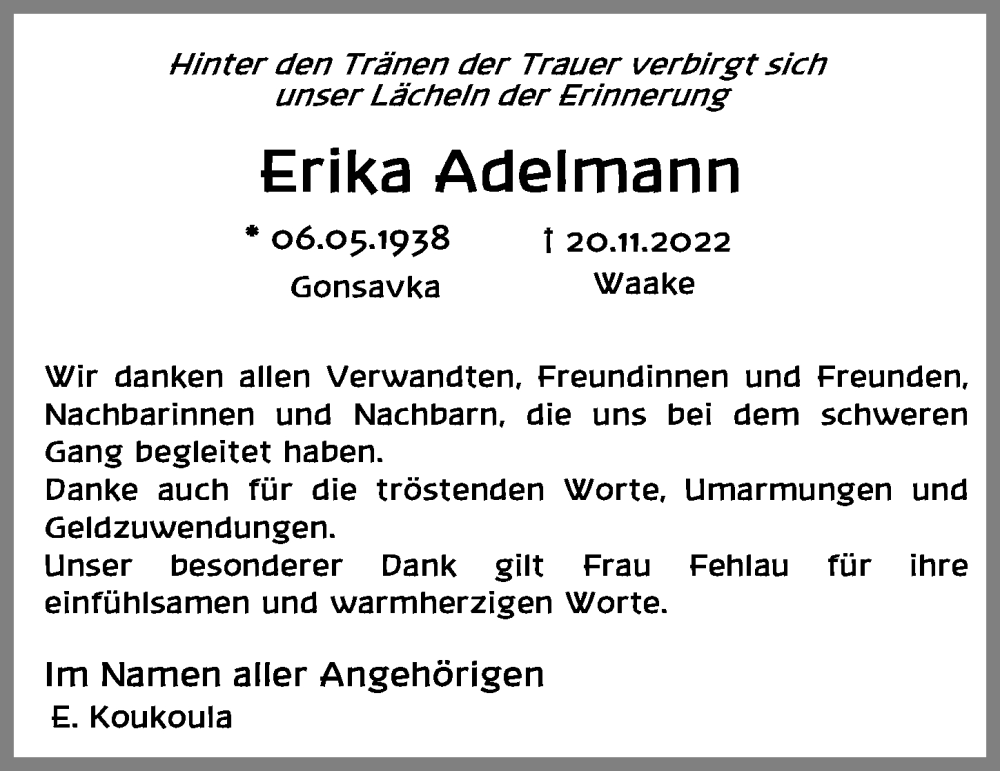  Traueranzeige für Erika Adelmann vom 10.12.2022 aus Göttinger Tageblatt