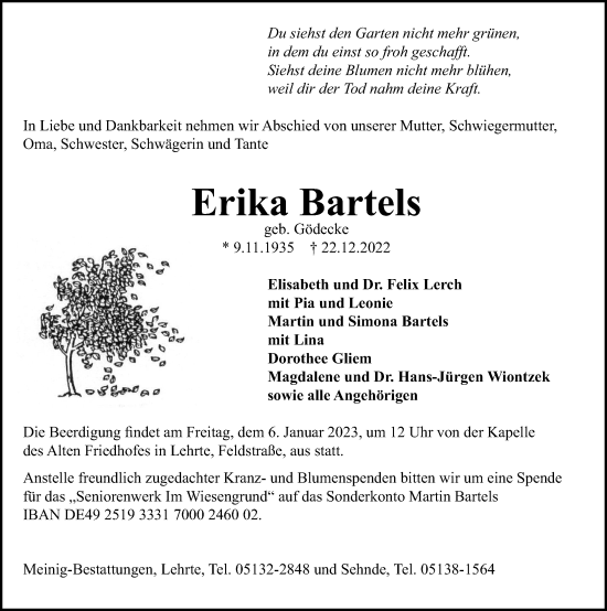 Traueranzeige von Erika Bartels von Hannoversche Allgemeine Zeitung/Neue Presse