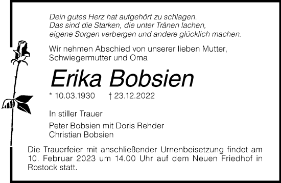 Traueranzeige von Erika Bobsien von Ostsee-Zeitung GmbH