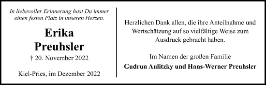 Traueranzeige von Erika Preuhsler von Kieler Nachrichten