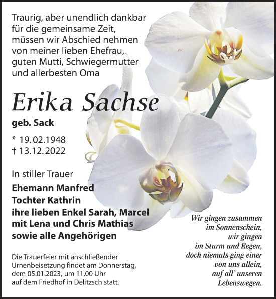 Traueranzeige von Erika Sachse von Leipziger Volkszeitung