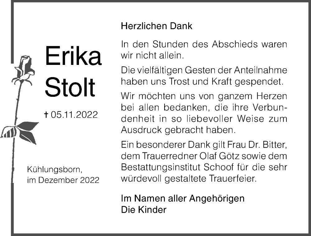  Traueranzeige für Erika Stolt vom 10.12.2022 aus Ostsee-Zeitung GmbH