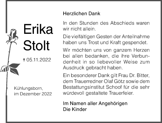 Traueranzeige von Erika Stolt von Ostsee-Zeitung GmbH