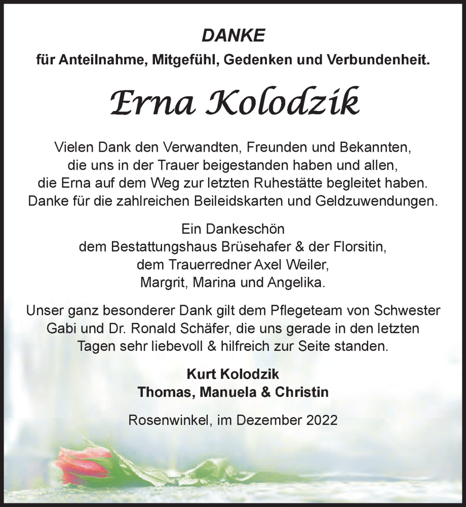  Traueranzeige für Erna Kolodzik vom 17.12.2022 aus Märkischen Allgemeine Zeitung