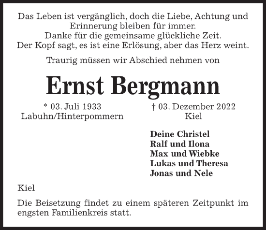 Traueranzeige von Ernst Bergmann von Kieler Nachrichten