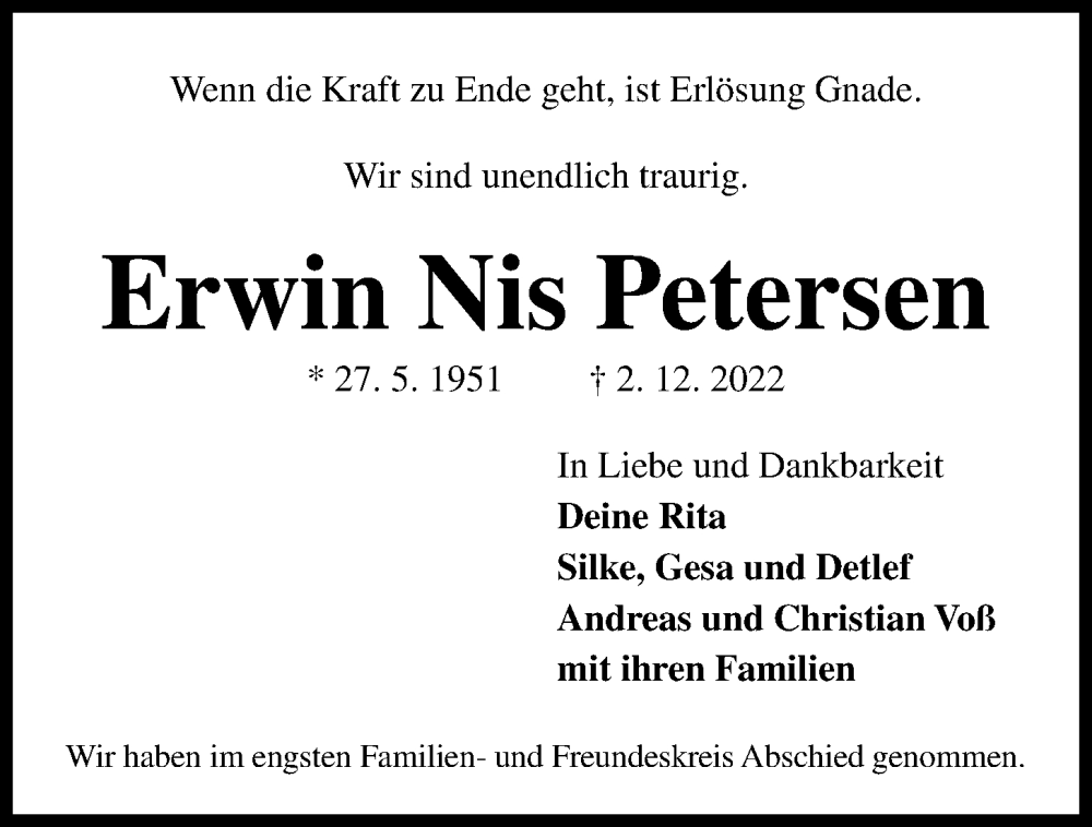  Traueranzeige für Erwin Nis Petersen vom 17.12.2022 aus Kieler Nachrichten
