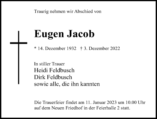 Traueranzeige von Eugen Jacob von Ostsee-Zeitung GmbH