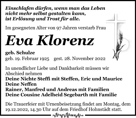 Traueranzeige von Eva Klorenz von Leipziger Volkszeitung