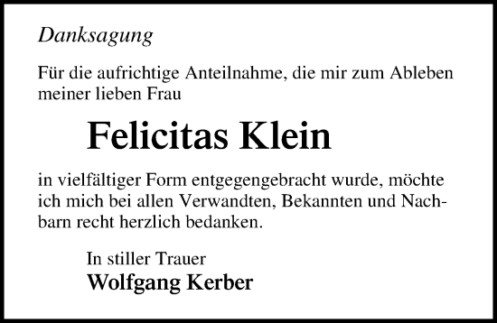 Traueranzeige von Felicitas Klein von Ostsee-Zeitung GmbH