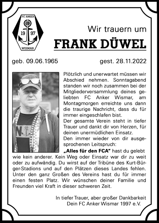 Traueranzeige von Frank Düwel von Ostsee-Zeitung GmbH