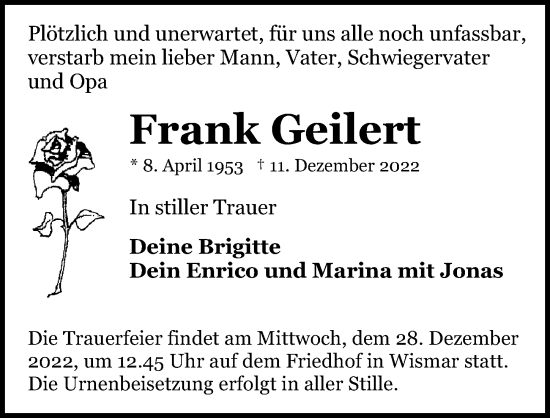 Traueranzeige von Frank Geilert von Ostsee-Zeitung GmbH