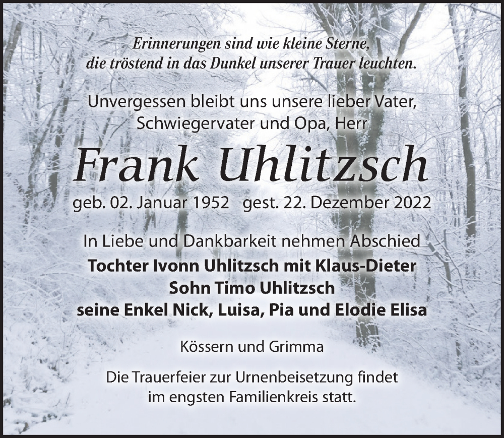  Traueranzeige für Frank Uhlitzsch vom 31.12.2022 aus Leipziger Volkszeitung