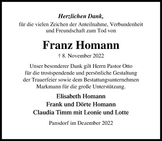 Traueranzeige von Franz Homann von Lübecker Nachrichten