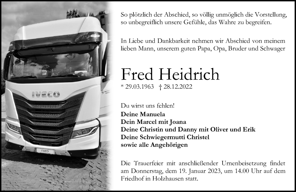  Traueranzeige für Fred Heidrich vom 31.12.2022 aus Märkischen Allgemeine Zeitung