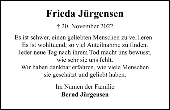 Traueranzeige von Frieda Jürgensen von Kieler Nachrichten