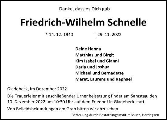 Traueranzeige von Friedrich-Wilhelm Schnelle von Göttinger Tageblatt