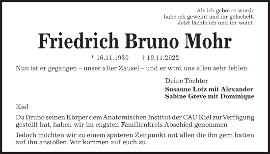 Traueranzeige von Friedrich Bruno Mohr von Kieler Nachrichten