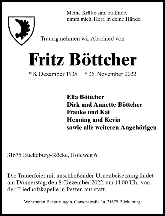 Traueranzeige von Fritz Böttcher von Schaumburger Nachrichten