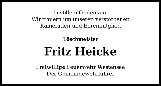 Traueranzeige von Fritz Heicke von Kieler Nachrichten