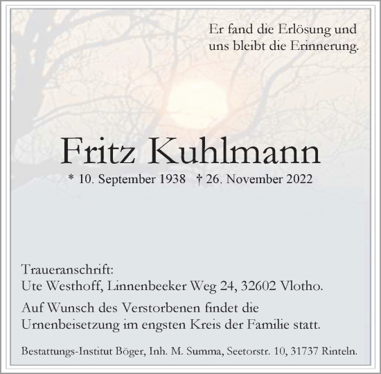 Traueranzeige von Fritz Kuhlmann von Schaumburger Nachrichten