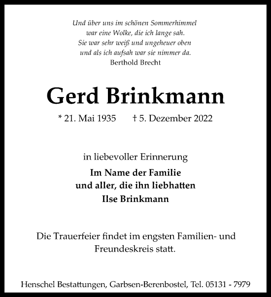 Traueranzeige von Gerd Brinkmann von Hannoversche Allgemeine Zeitung/Neue Presse