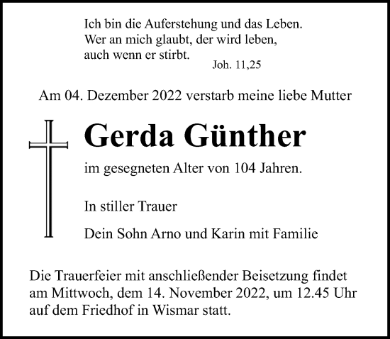 Traueranzeige von Gerda Günther von Ostsee-Zeitung GmbH