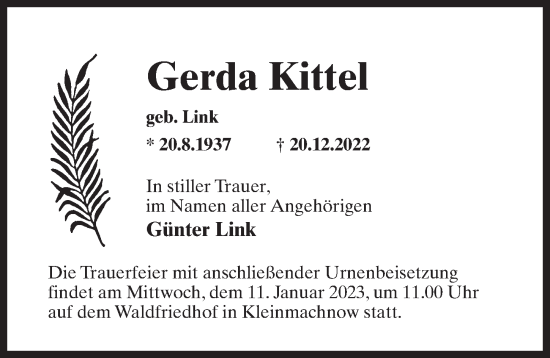 Traueranzeige von Gerda Kittel von Märkischen Allgemeine Zeitung