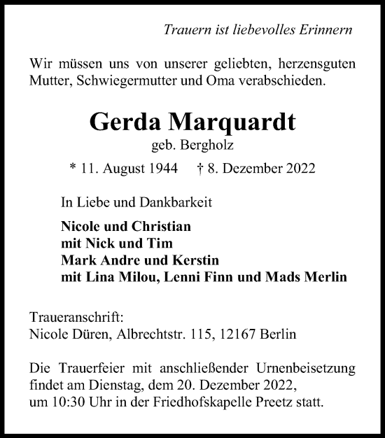 Traueranzeige von Gerda Marquardt von Kieler Nachrichten