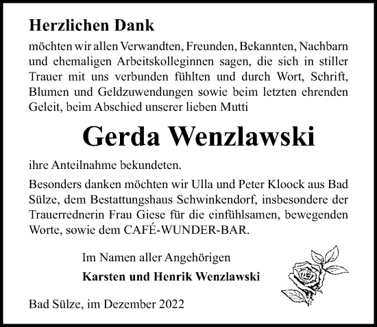 Traueranzeige von Gerda Wenzlawski von Ostsee-Zeitung GmbH