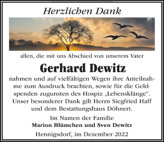 Traueranzeige von Gerhard Dewitz von Märkischen Allgemeine Zeitung