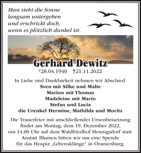 Traueranzeige von Gerhard Dewitz von Märkischen Allgemeine Zeitung