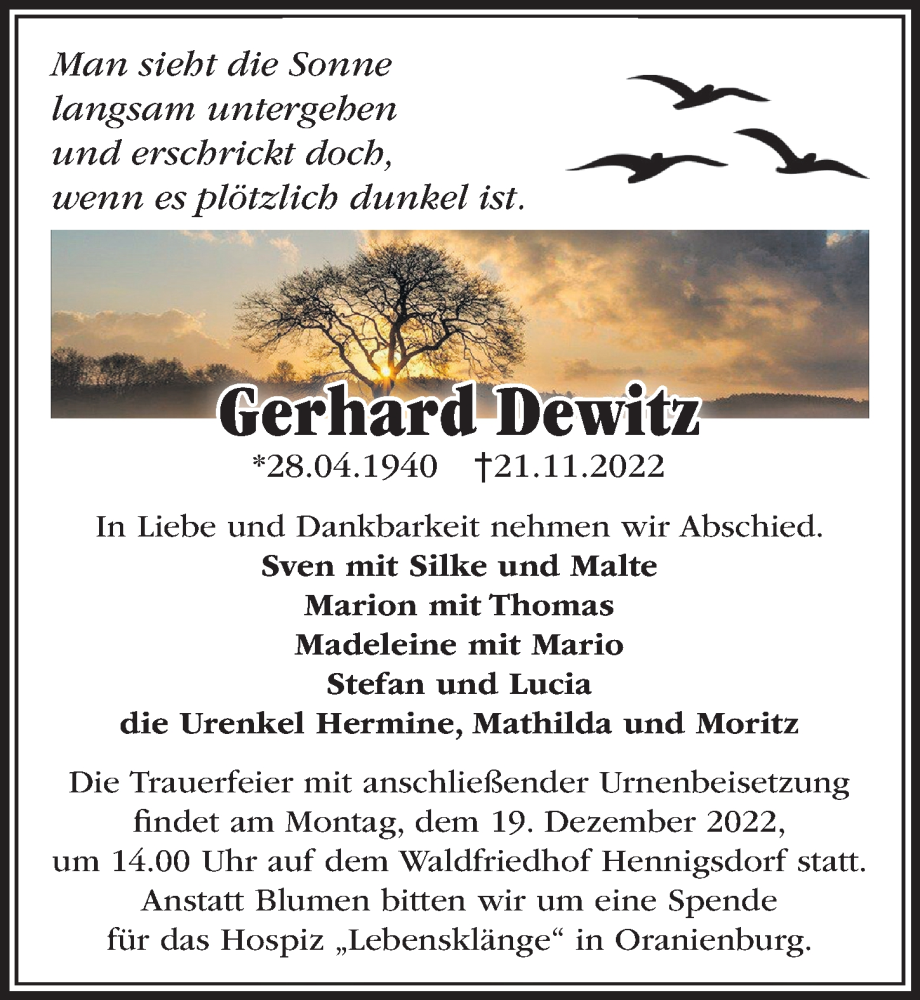  Traueranzeige für Gerhard Dewitz vom 03.12.2022 aus Märkischen Allgemeine Zeitung