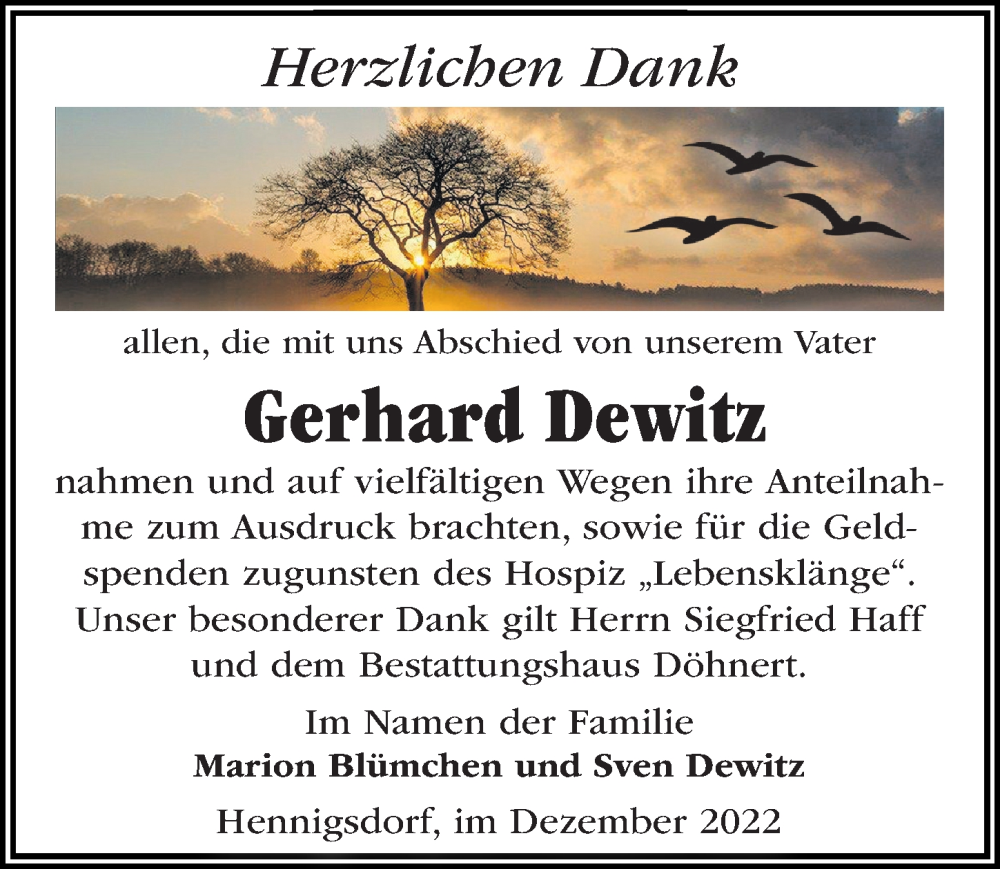  Traueranzeige für Gerhard Dewitz vom 24.12.2022 aus Märkischen Allgemeine Zeitung
