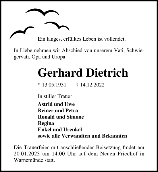 Traueranzeige von Gerhard Dietrich von Ostsee-Zeitung GmbH