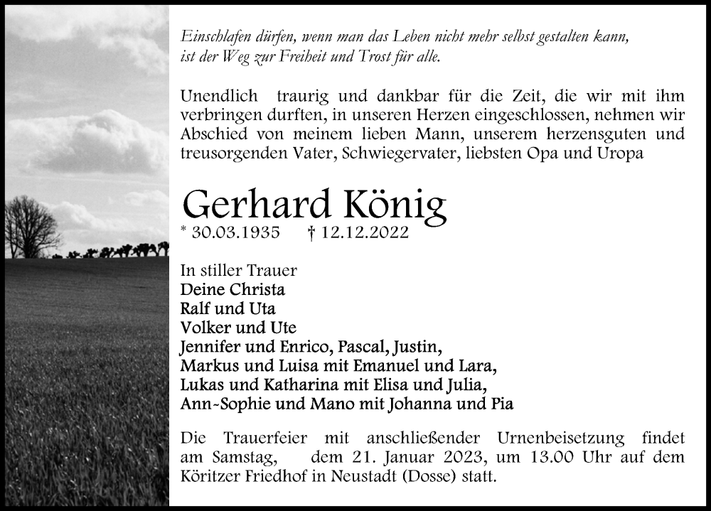 Traueranzeige für Gerhard König vom 20.12.2022 aus Märkischen Allgemeine Zeitung
