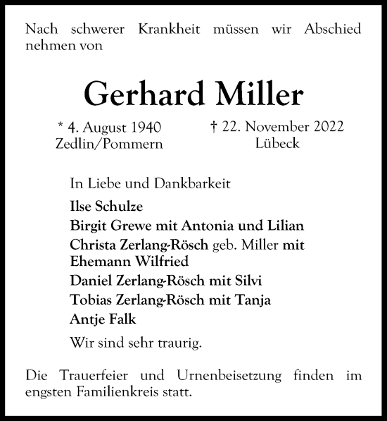 Traueranzeige von Gerhard Miller von Lübecker Nachrichten