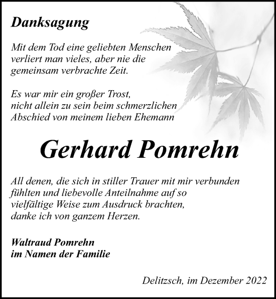 Traueranzeige von Gerhard Pomrehn von Leipziger Volkszeitung