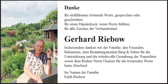 Traueranzeige von Gerhard Riebow von Ostsee-Zeitung GmbH