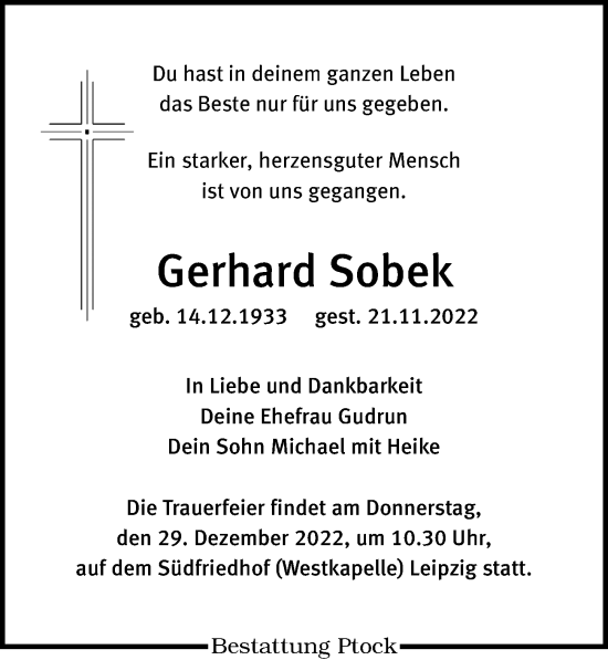 Traueranzeige von Gerhard Sobek von Leipziger Volkszeitung