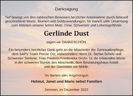 Traueranzeige von Gerlinde Dust von Ostsee-Zeitung GmbH