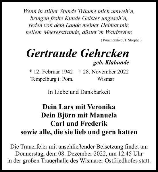 Traueranzeige von Gertraude Gehrcken von Ostsee-Zeitung GmbH