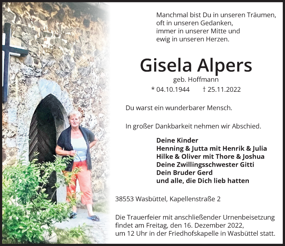  Traueranzeige für Gisela Alpers vom 03.12.2022 aus Aller Zeitung