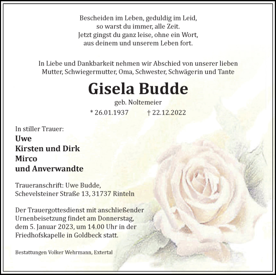 Traueranzeige von Gisela Budde von Schaumburger Nachrichten