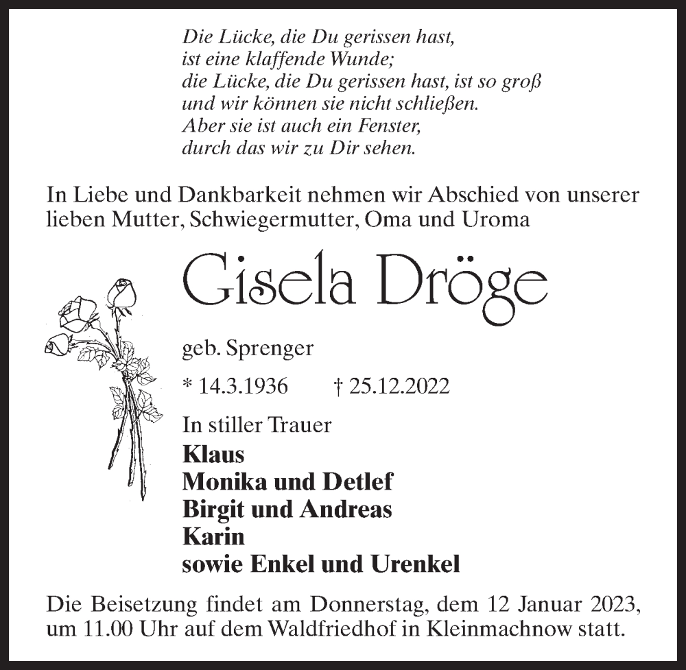  Traueranzeige für Gisela Dröge vom 31.12.2022 aus Märkischen Allgemeine Zeitung