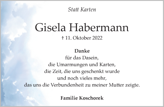 Traueranzeige von Gisela Habermann von Hannoversche Allgemeine Zeitung/Neue Presse