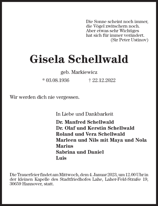 Traueranzeige von Gisela Schellwald von Hannoversche Allgemeine Zeitung/Neue Presse