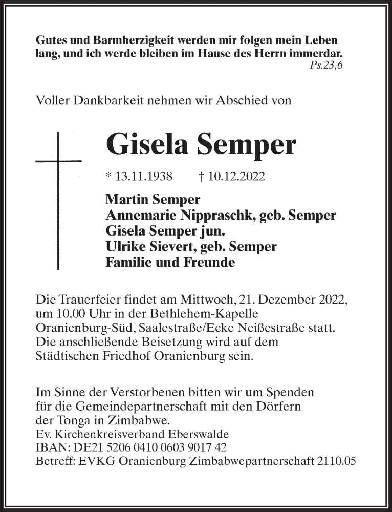  Traueranzeige für Gisela Semper vom 17.12.2022 aus Märkischen Allgemeine Zeitung