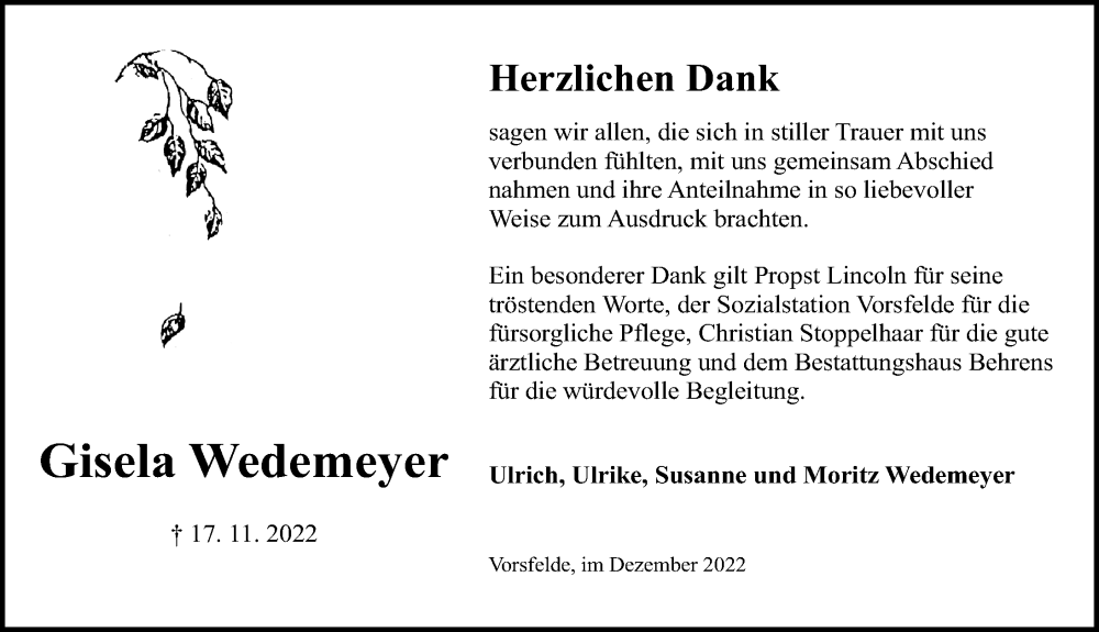  Traueranzeige für Gisela Wedemeyer vom 10.12.2022 aus Aller Zeitung