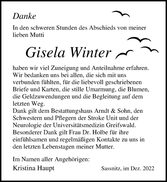 Traueranzeige von Gisela Winter von Ostsee-Zeitung GmbH