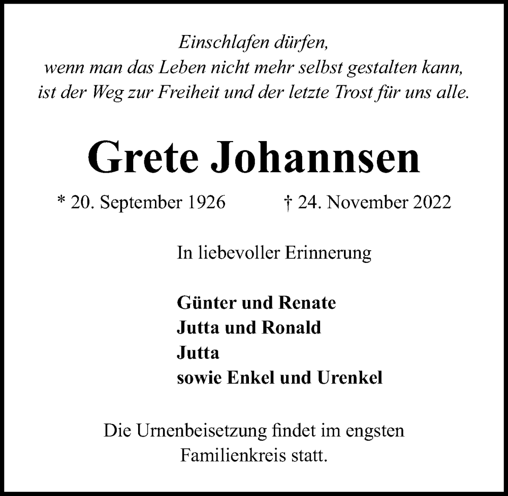  Traueranzeige für Grete Johannsen vom 04.12.2022 aus Lübecker Nachrichten